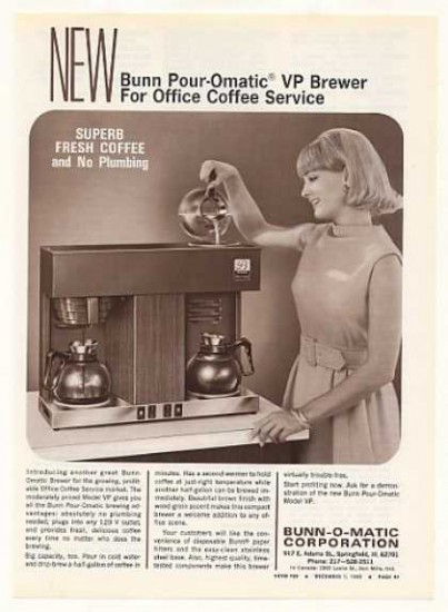 A 1968 magazine advertisement for the Bunn Pour-Omatic VP brewer for office coffee service.