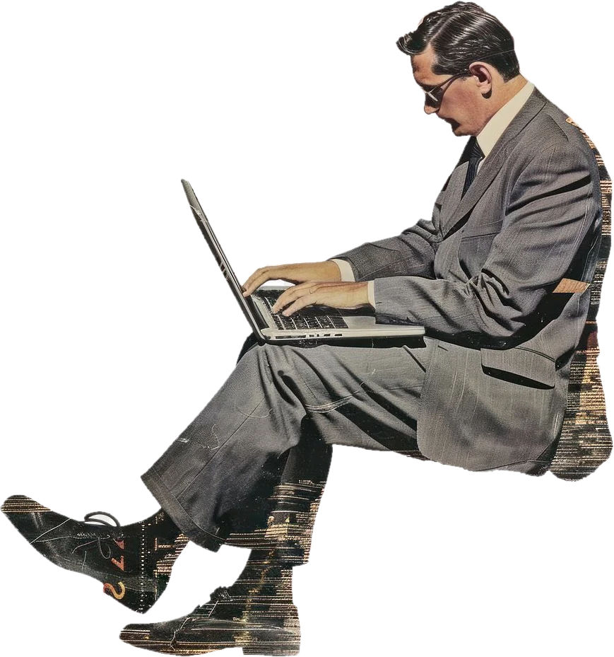 A man in a grey suit, cut from a magazine, sitting with a laptop open on his knee.