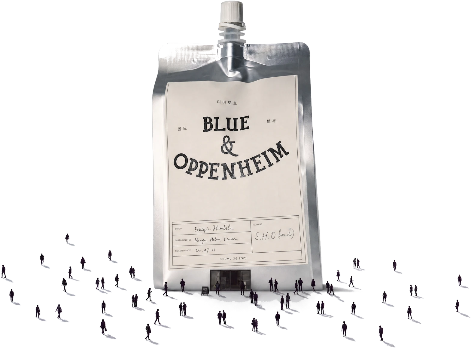 A cold brew concentrate pouch, shown at the scale of a building with people walking past it.