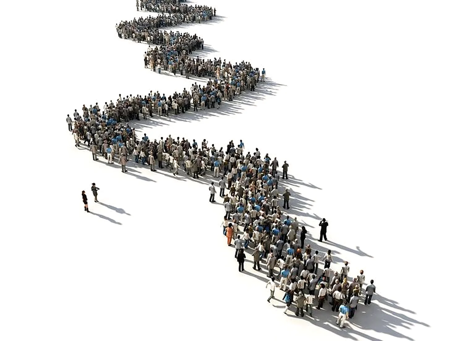 A long queue of people photographed from high above, snaking down a pale floor.
