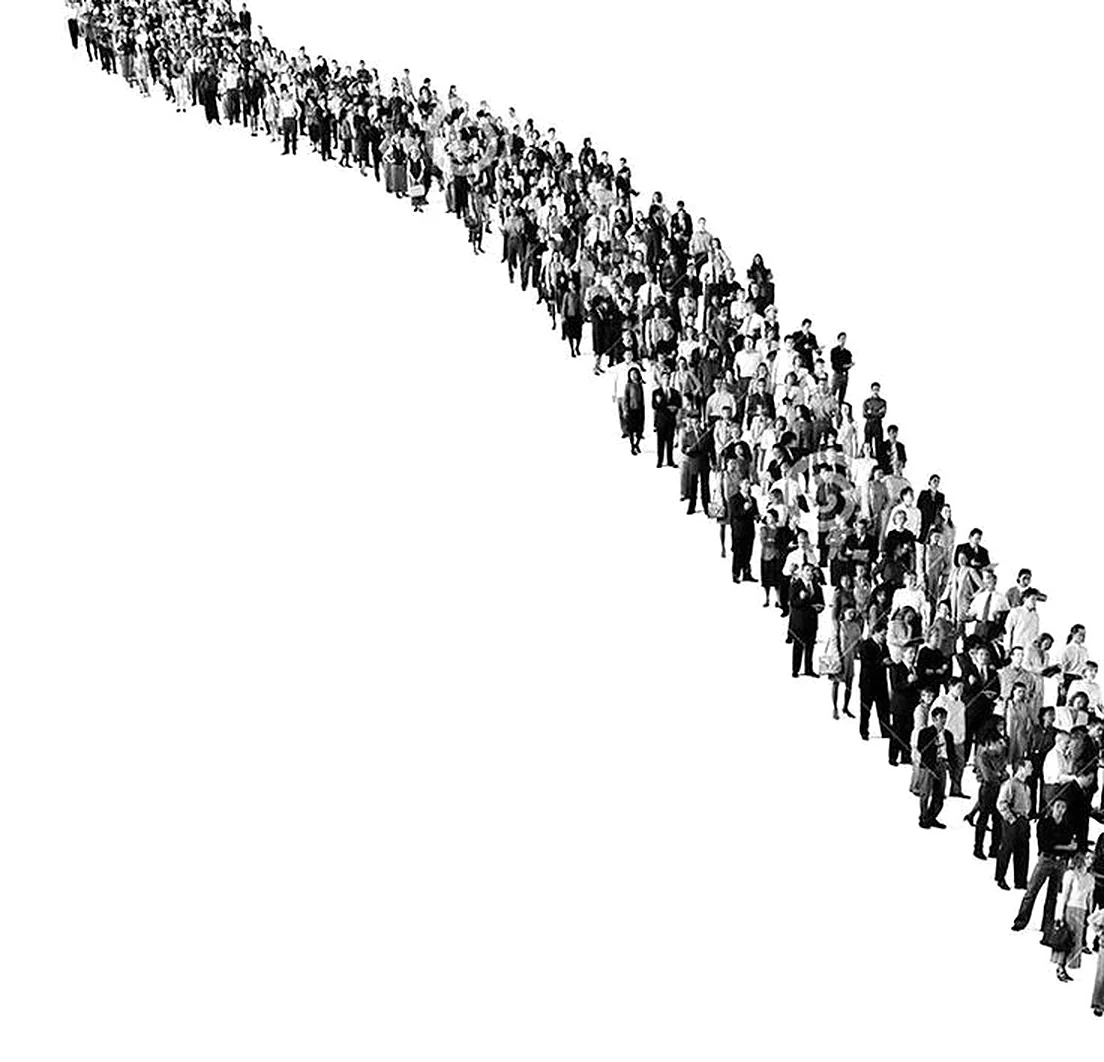 A long line of people photographed from above, curving away into the distance.