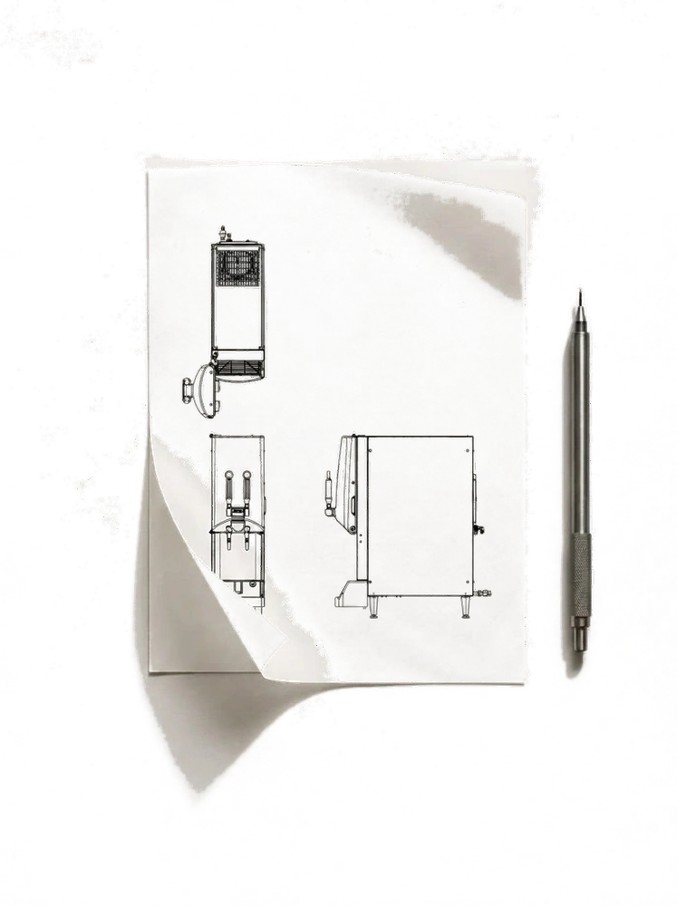A drawing sheet showing front, side and plan views of a countertop dispenser, with a mechanical pencil beside it.