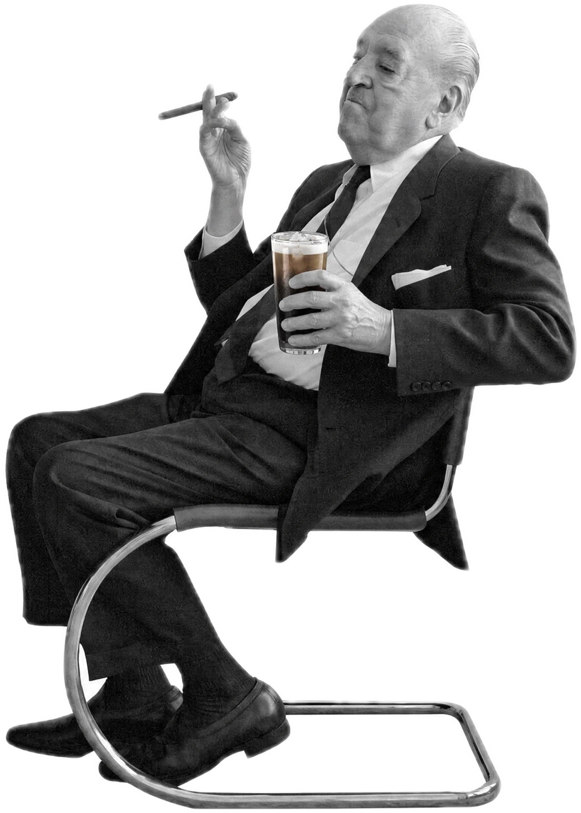George Bunn seated in a cantilever chair, a cigar in one hand and a glass of iced coffee in the other.