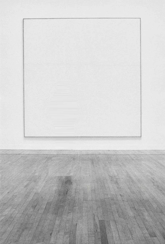 A man standing alone in a gallery, facing a very large canvas.