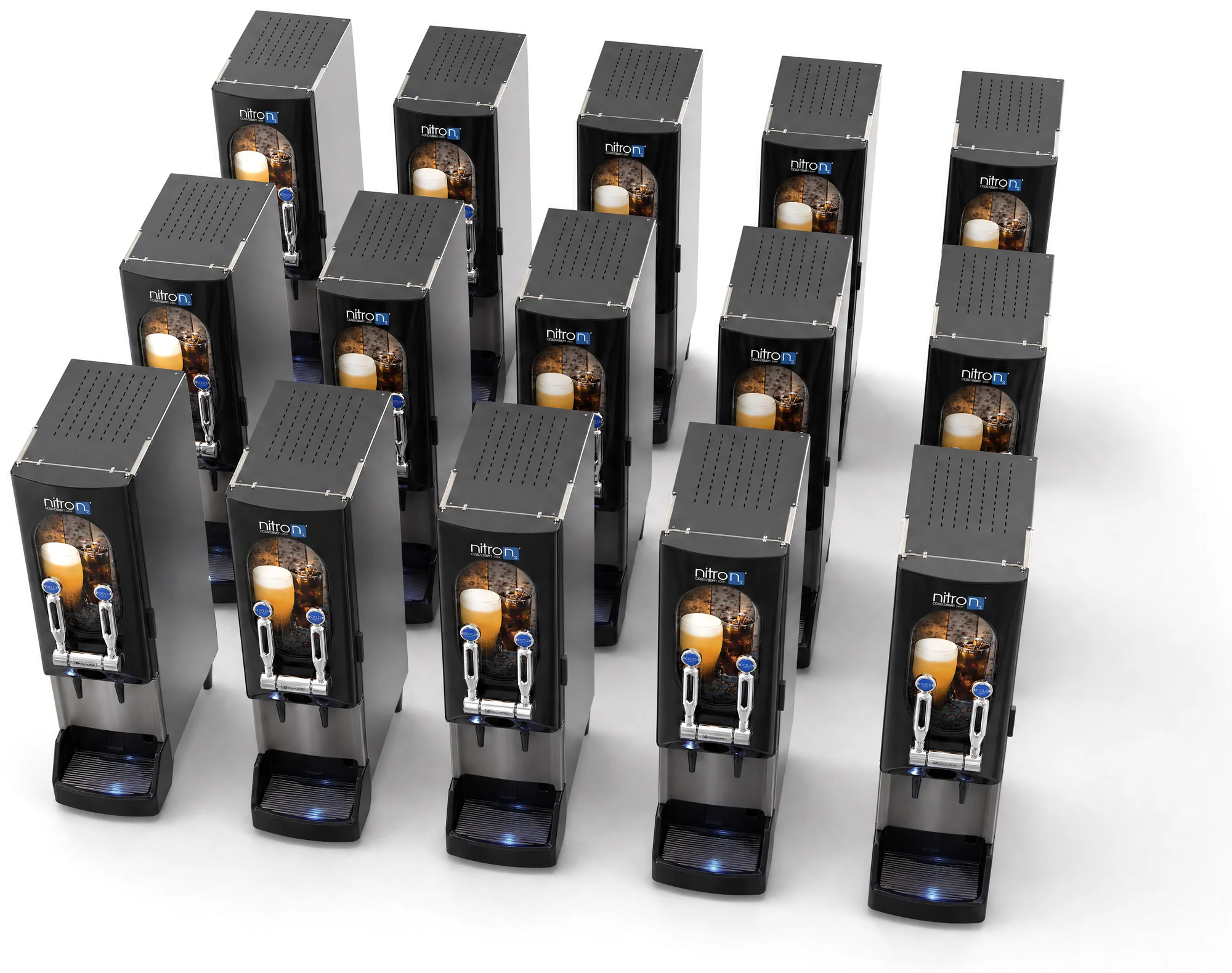 Fifteen BUNN Nitron cold draft dispensers arranged in rows in a studio.